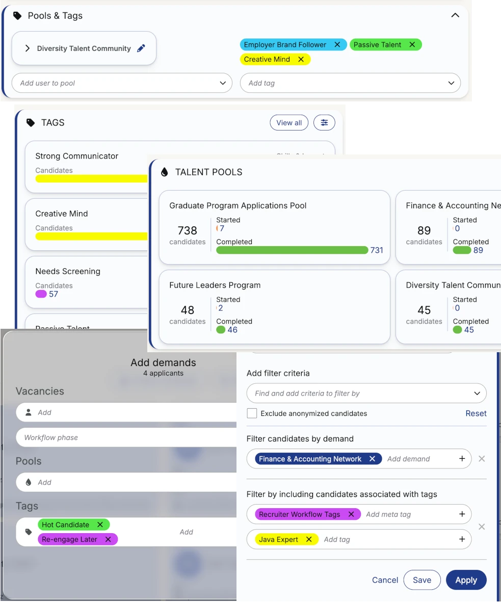 Talent pools and tags across platform